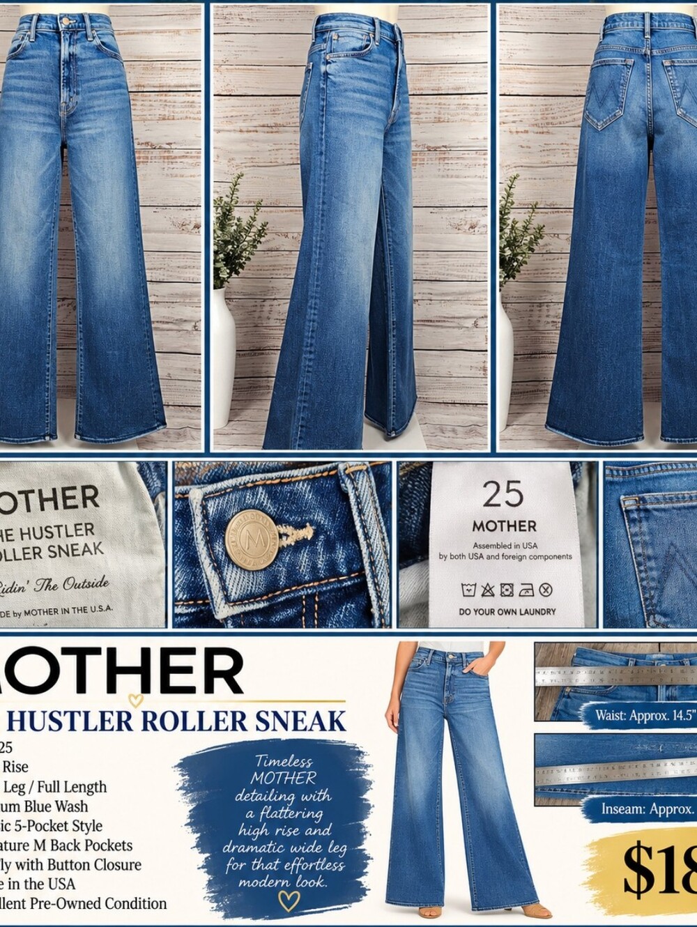 MOTHER The Hustler Roller Sneak High Rise Wide Leg Jeans Size 25 Blue